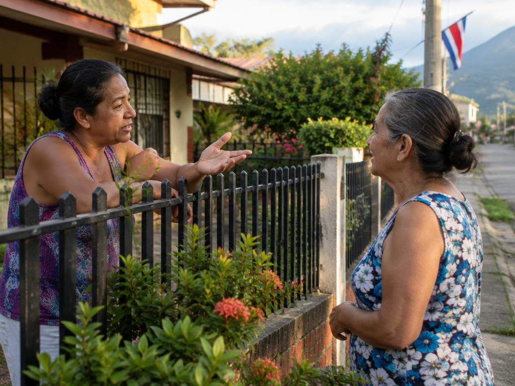 Dos vecinas conversando sobre la verja de la casa